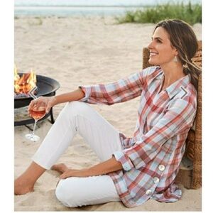 Soft Surroundings Lani Shores Gauze Fabric Plaid Button Down Shirt Tunic Sz L
